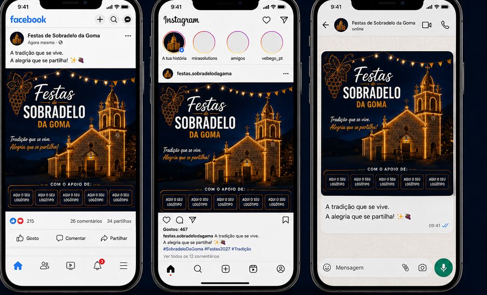 Publicações no Facebook, Instagram e WhatsApp com os logótipos dos patrocinadores em baixo